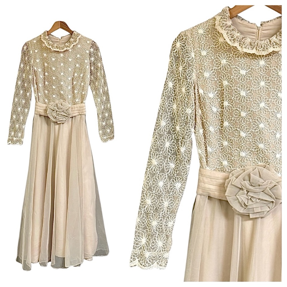Vintage lace top dress with circular skirt and sheer overlay with rosette belt